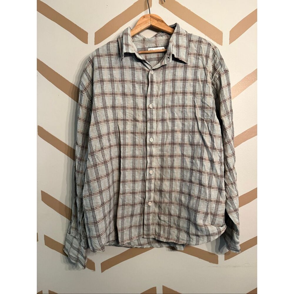 Zara Tan Brown Plaid Cotton Long Sleeve Textured Casual Button Up Shirt Size XL